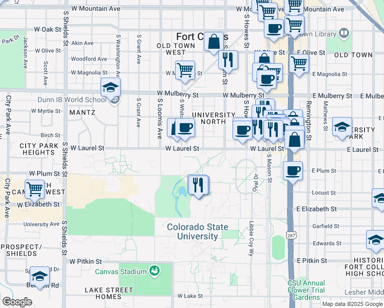 map of restaurants, bars, coffee shops, grocery stores, and more near 501 West Laurel Street in Fort Collins