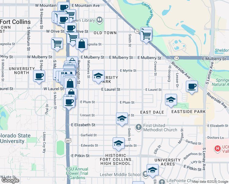 map of restaurants, bars, coffee shops, grocery stores, and more near 431 East Laurel Street in Fort Collins