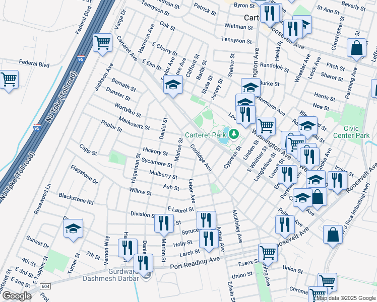 map of restaurants, bars, coffee shops, grocery stores, and more near 59 Poplar Street in Carteret