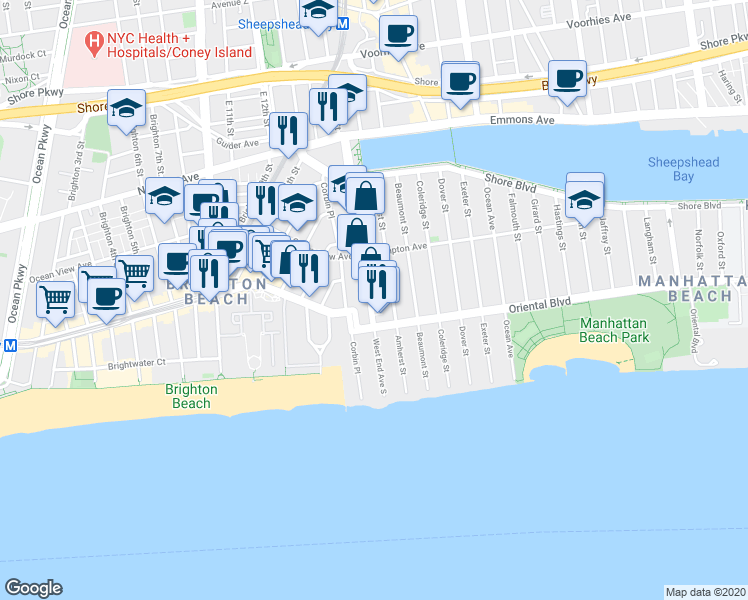 map of restaurants, bars, coffee shops, grocery stores, and more near 153 West End Avenue in Brooklyn
