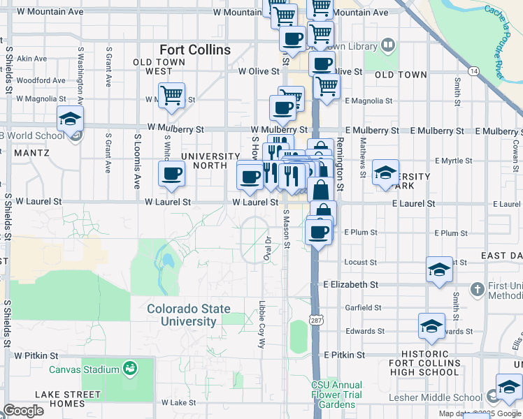 map of restaurants, bars, coffee shops, grocery stores, and more near 291 West Laurel Street in Fort Collins