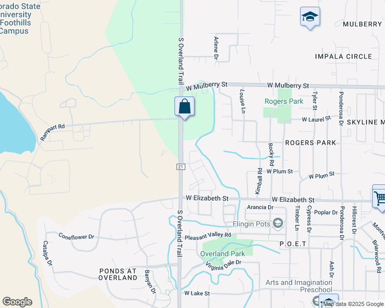 map of restaurants, bars, coffee shops, grocery stores, and more near 850 South Overland Trail in Fort Collins