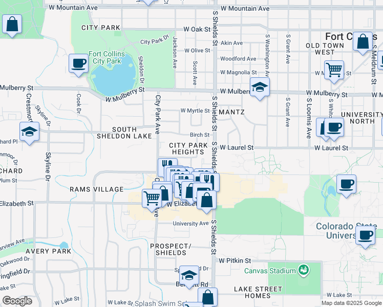 map of restaurants, bars, coffee shops, grocery stores, and more near 1300 Baystone Drive in Fort Collins