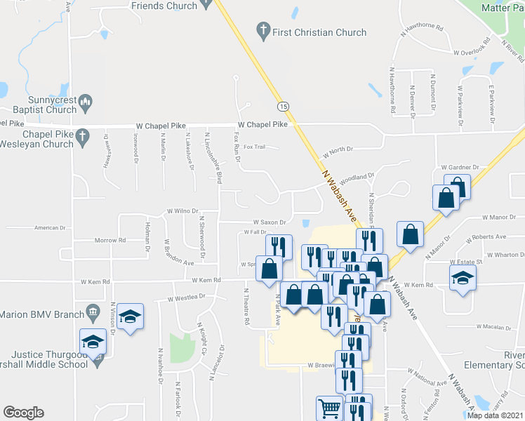 map of restaurants, bars, coffee shops, grocery stores, and more near 1406 Fox Run Drive in Marion