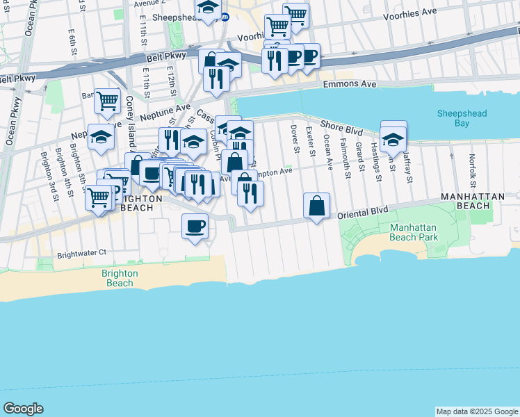 map of restaurants, bars, coffee shops, grocery stores, and more near 165 Amherst Street in Brooklyn
