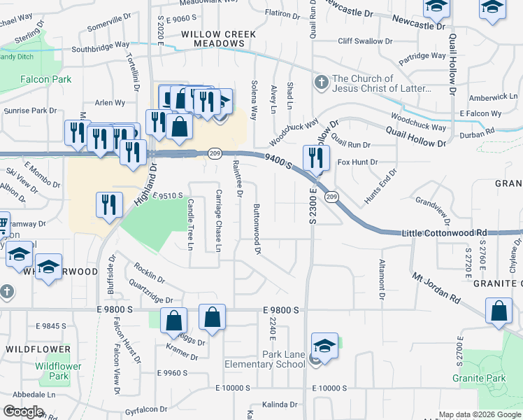 map of restaurants, bars, coffee shops, grocery stores, and more near 9538 Buttonwood Drive in Sandy