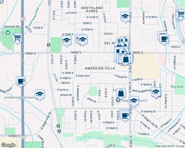 map of restaurants, bars, coffee shops, grocery stores, and more near 9542 David Street in Sandy