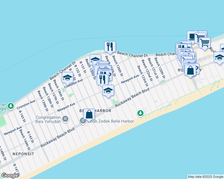 map of restaurants, bars, coffee shops, grocery stores, and more near 258 Beach 128th Street in Queens