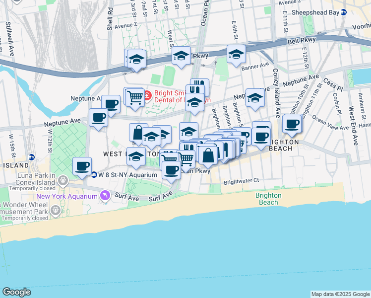 map of restaurants, bars, coffee shops, grocery stores, and more near Ocean Parkway in Brooklyn