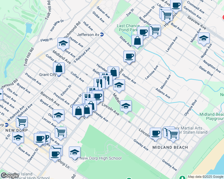 map of restaurants, bars, coffee shops, grocery stores, and more near 287 Midland Avenue in Staten Island