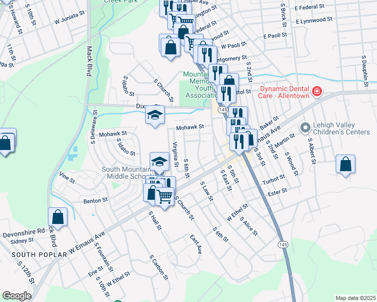 map of restaurants, bars, coffee shops, grocery stores, and more near 1959 South 6th Street in Allentown