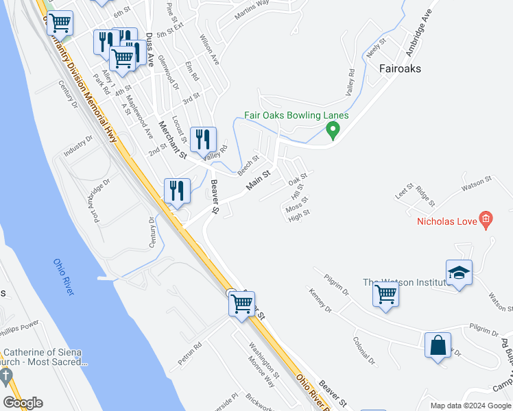 map of restaurants, bars, coffee shops, grocery stores, and more near 29 Main Street in Ambridge