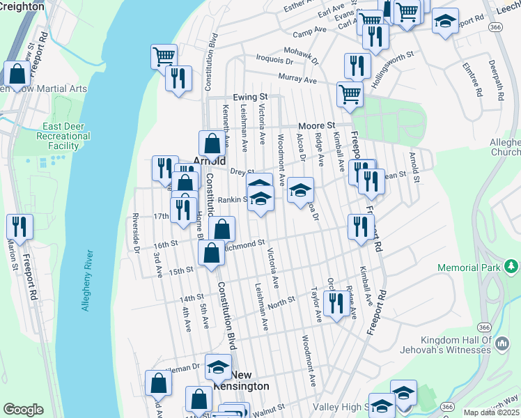 map of restaurants, bars, coffee shops, grocery stores, and more near 1739 Victoria Avenue in New Kensington