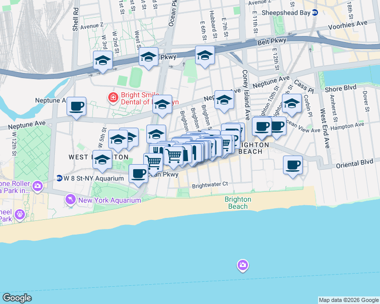 map of restaurants, bars, coffee shops, grocery stores, and more near 3040 Brighton 3rd Street in Brooklyn