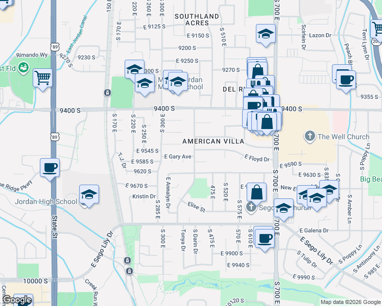 map of restaurants, bars, coffee shops, grocery stores, and more near 9556 South David Street in Sandy