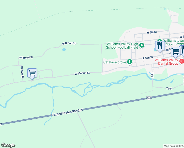 map of restaurants, bars, coffee shops, grocery stores, and more near 65 West Market Street in Williamstown