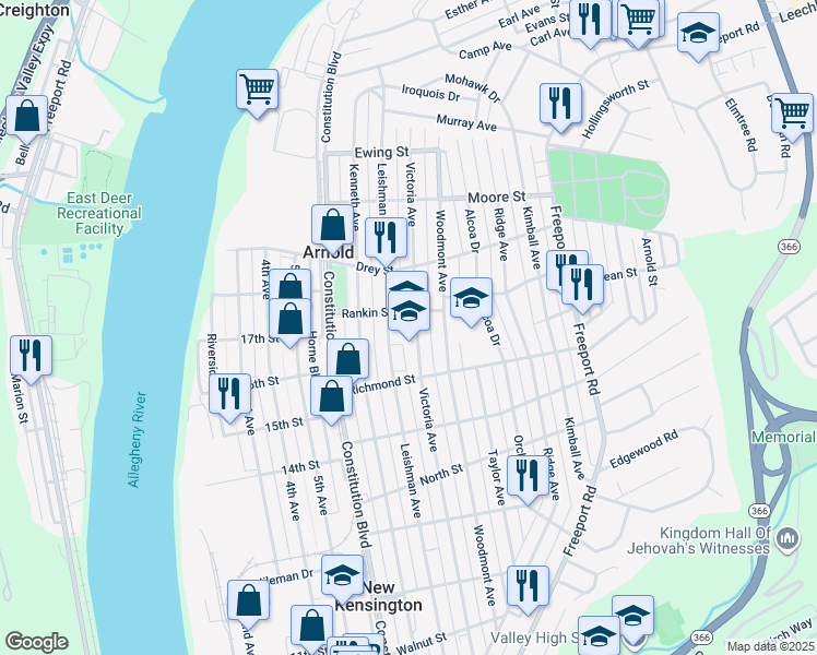 map of restaurants, bars, coffee shops, grocery stores, and more near 1739 Victoria Avenue in New Kensington