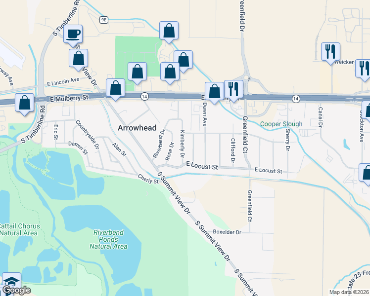 map of restaurants, bars, coffee shops, grocery stores, and more near 712 Rene Drive in Fort Collins