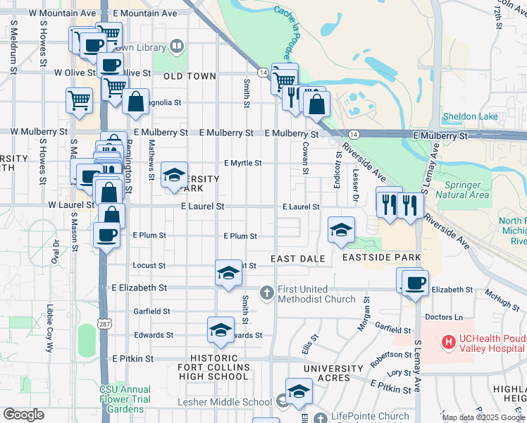 map of restaurants, bars, coffee shops, grocery stores, and more near 617 East Laurel Street in Fort Collins