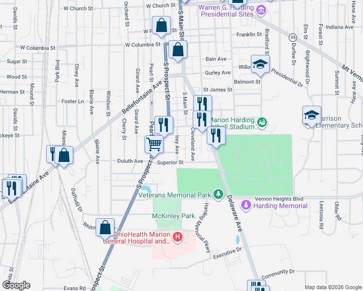 map of restaurants, bars, coffee shops, grocery stores, and more near 618 Irey Avenue in Marion