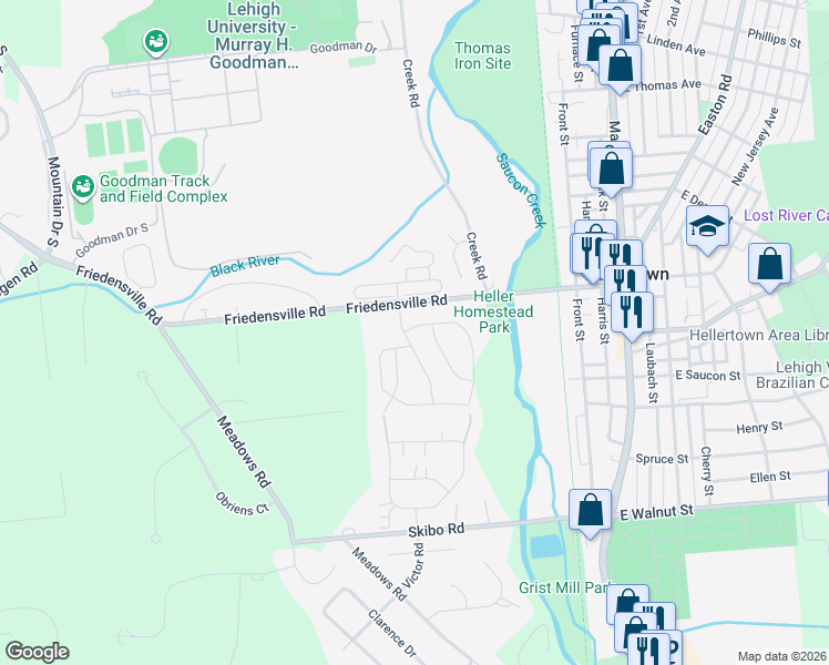 map of restaurants, bars, coffee shops, grocery stores, and more near 1973 Delancey Street in Hellertown