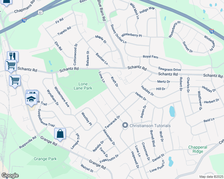 map of restaurants, bars, coffee shops, grocery stores, and more near 42 Kraft Drive in Allentown