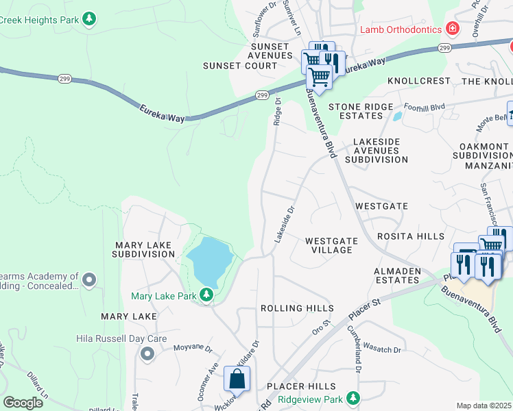map of restaurants, bars, coffee shops, grocery stores, and more near 1600 Ridge Drive in Redding