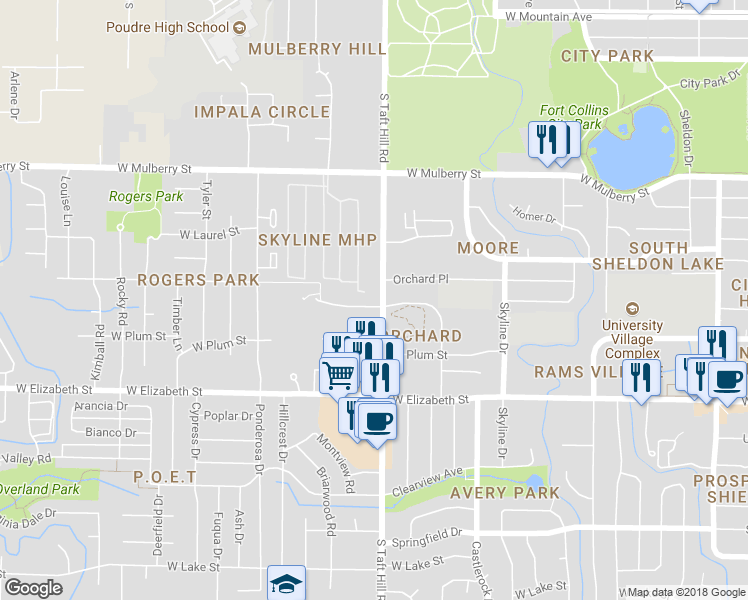 map of restaurants, bars, coffee shops, grocery stores, and more near 725 South Taft Hill Road in Fort Collins
