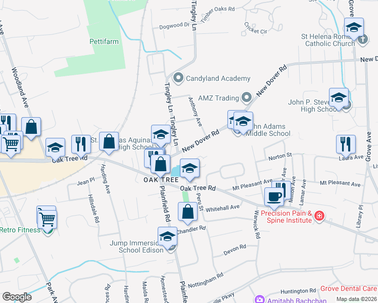 map of restaurants, bars, coffee shops, grocery stores, and more near 1124 New Dover Road in Edison