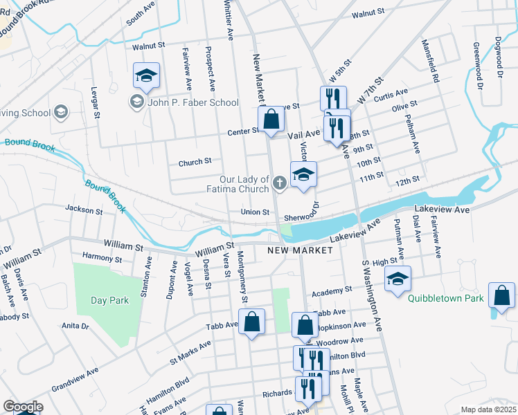 map of restaurants, bars, coffee shops, grocery stores, and more near 520 Union Street in Piscataway