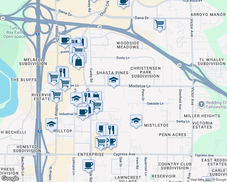 map of restaurants, bars, coffee shops, grocery stores, and more near 1225 Mistletoe Lane in Redding