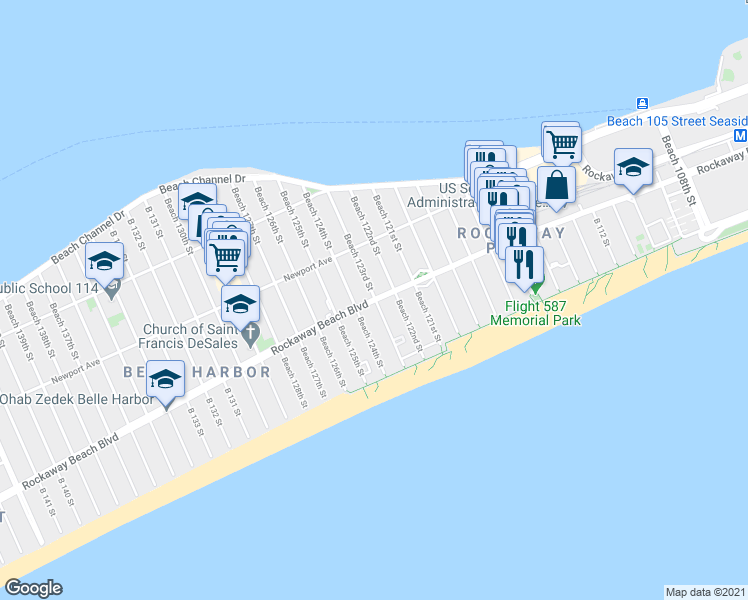 map of restaurants, bars, coffee shops, grocery stores, and more near Beach 123rd St in Rockaway Park
