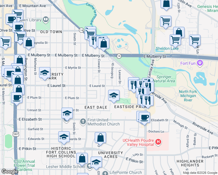map of restaurants, bars, coffee shops, grocery stores, and more near 823 East Laurel Street in Fort Collins