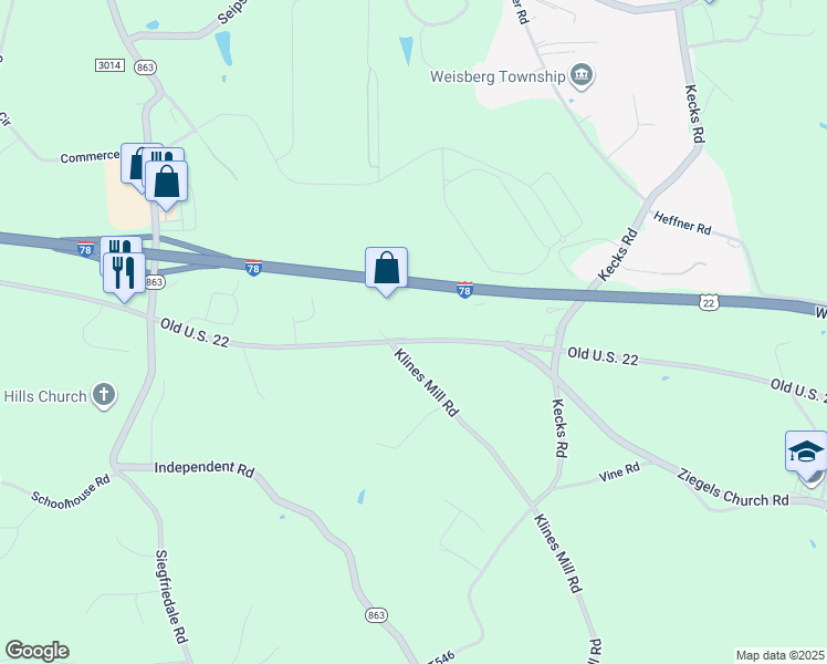 map of restaurants, bars, coffee shops, grocery stores, and more near 9905 Old Route 22 in Breinigsville