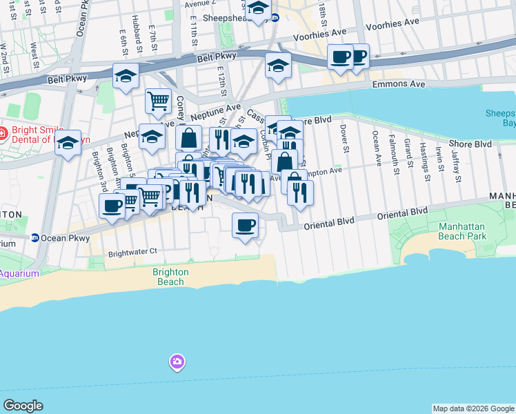 map of restaurants, bars, coffee shops, grocery stores, and more near 3086 Brighton 14th Street in Brooklyn