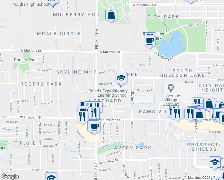 map of restaurants, bars, coffee shops, grocery stores, and more near 2000 Glenmoor Drive in Fort Collins
