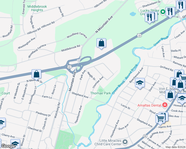 map of restaurants, bars, coffee shops, grocery stores, and more near 253 Nagle Street in Bound Brook