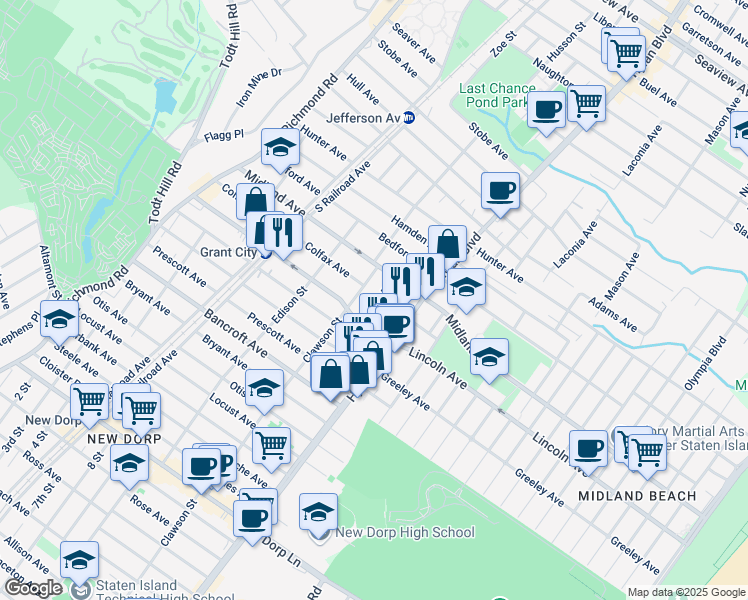 map of restaurants, bars, coffee shops, grocery stores, and more near 31 Grant Place in Staten Island