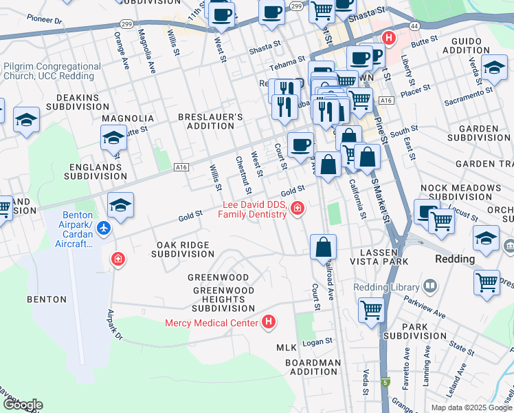 map of restaurants, bars, coffee shops, grocery stores, and more near 2005 Chestnut Street in Redding