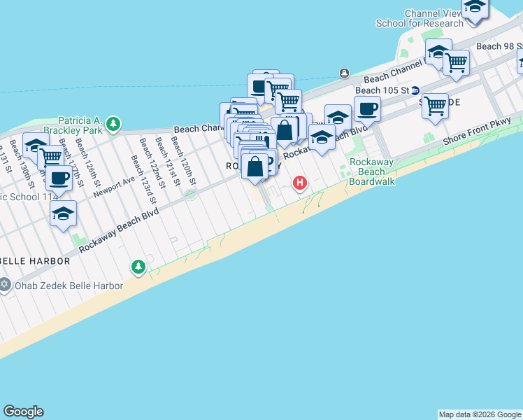 map of restaurants, bars, coffee shops, grocery stores, and more near 136 Beach 117th Street in Queens