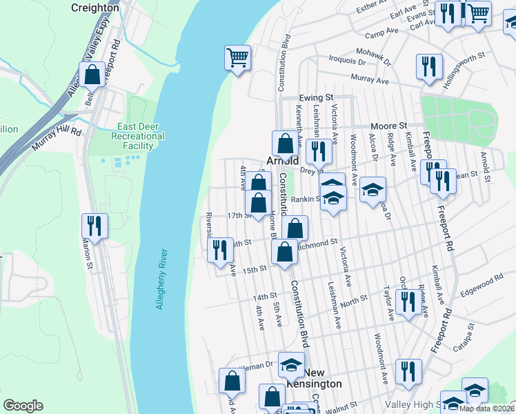 map of restaurants, bars, coffee shops, grocery stores, and more near 1709 5th Avenue in Arnold