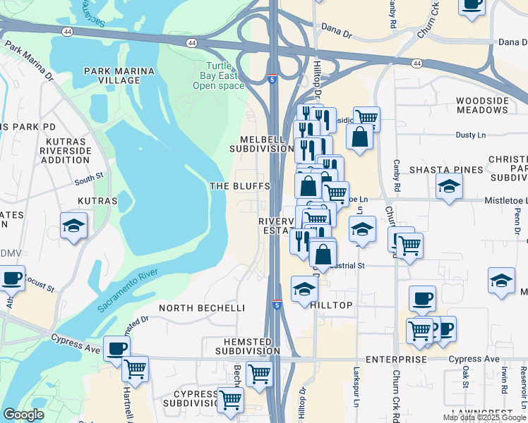 map of restaurants, bars, coffee shops, grocery stores, and more near 2065 Bechelli Ln in Redding