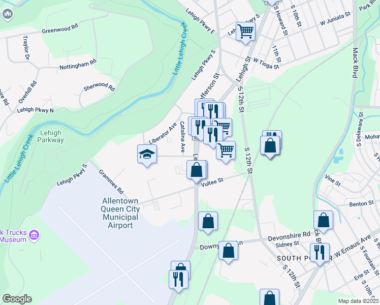 map of restaurants, bars, coffee shops, grocery stores, and more near 1907 17th Street Southwest in Allentown