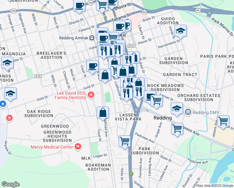 map of restaurants, bars, coffee shops, grocery stores, and more near 2141 California Street in Redding