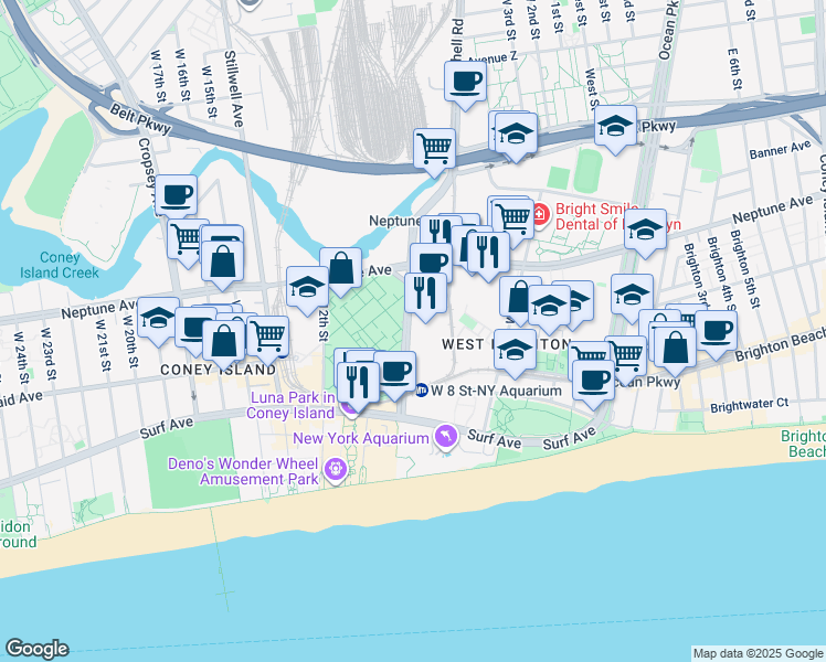 map of restaurants, bars, coffee shops, grocery stores, and more near 2875 West 8th Street in Brooklyn