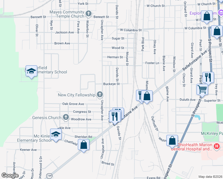 map of restaurants, bars, coffee shops, grocery stores, and more near 619 Davids Street in Marion