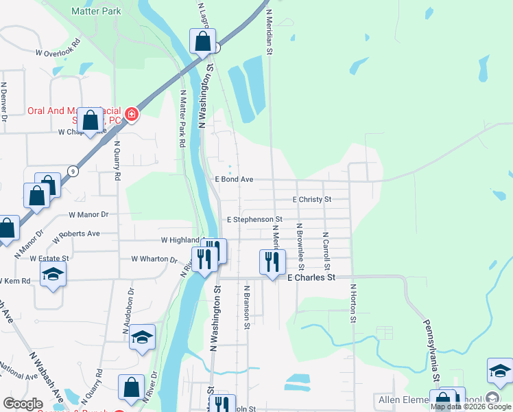 map of restaurants, bars, coffee shops, grocery stores, and more near 228 East Christy Street in Marion