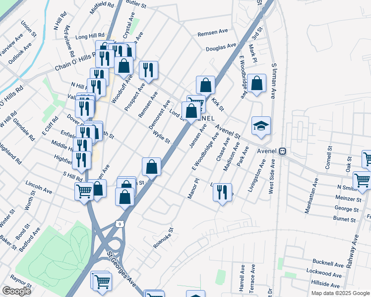 map of restaurants, bars, coffee shops, grocery stores, and more near 521 Jansen Avenue in Woodbridge Township