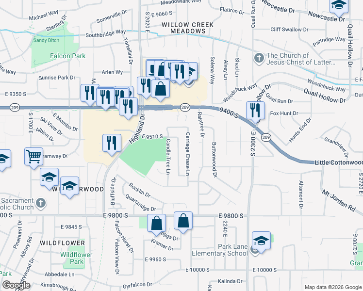 map of restaurants, bars, coffee shops, grocery stores, and more near 9536 East 9510 South in Sandy