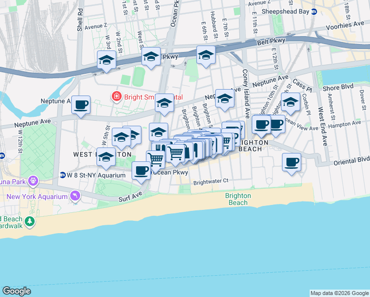 map of restaurants, bars, coffee shops, grocery stores, and more near 3040 Brighton 3rd Street in Brooklyn